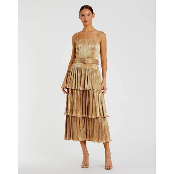 New Mac Duggal Size 10 Gold Ruffle Tiered Belted Sleeveless Cocktail Party Dress - Picture 3 of 16